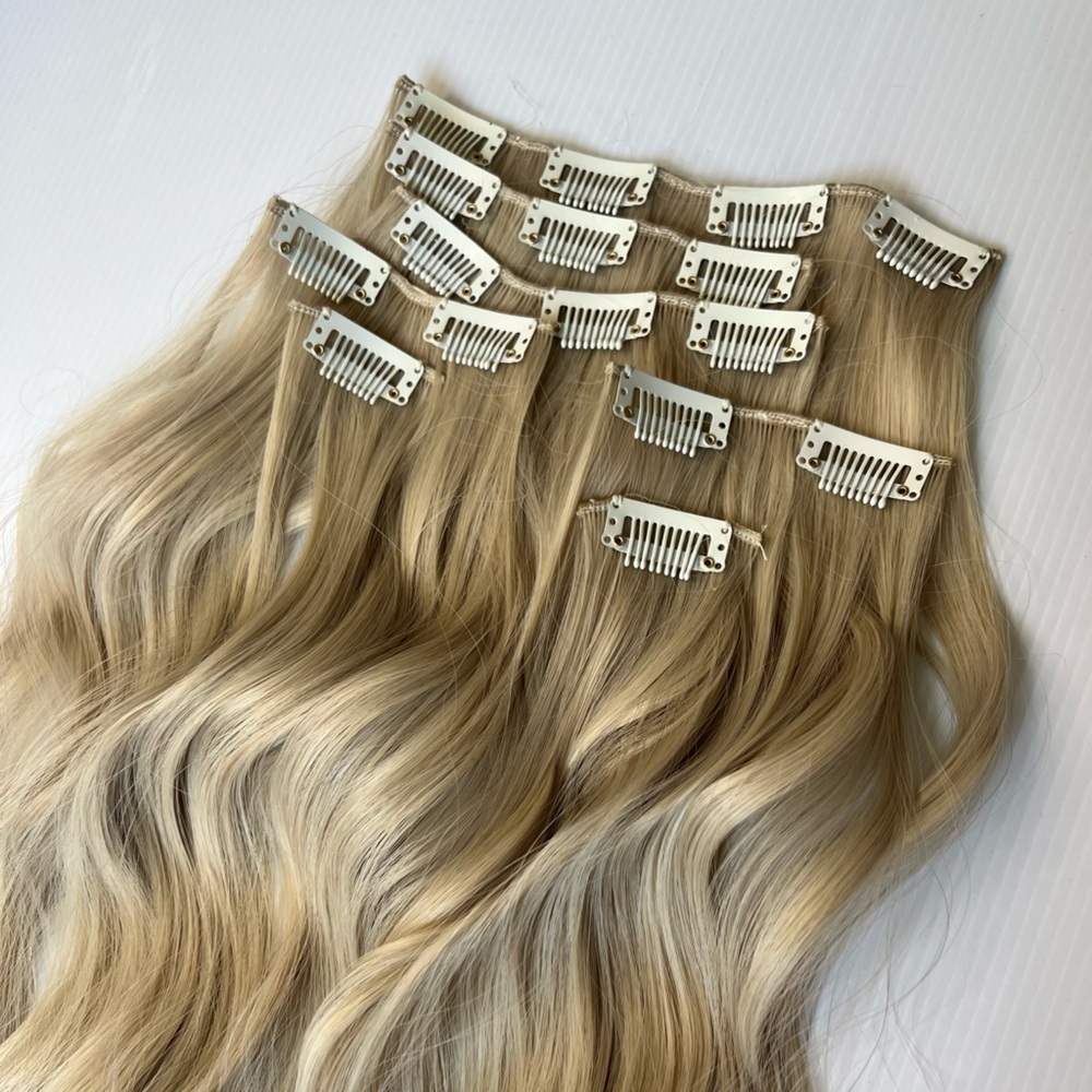 Human hair blend Womens Clip in  Light Blonde  wavy hair extensions - Picture 3 of 10